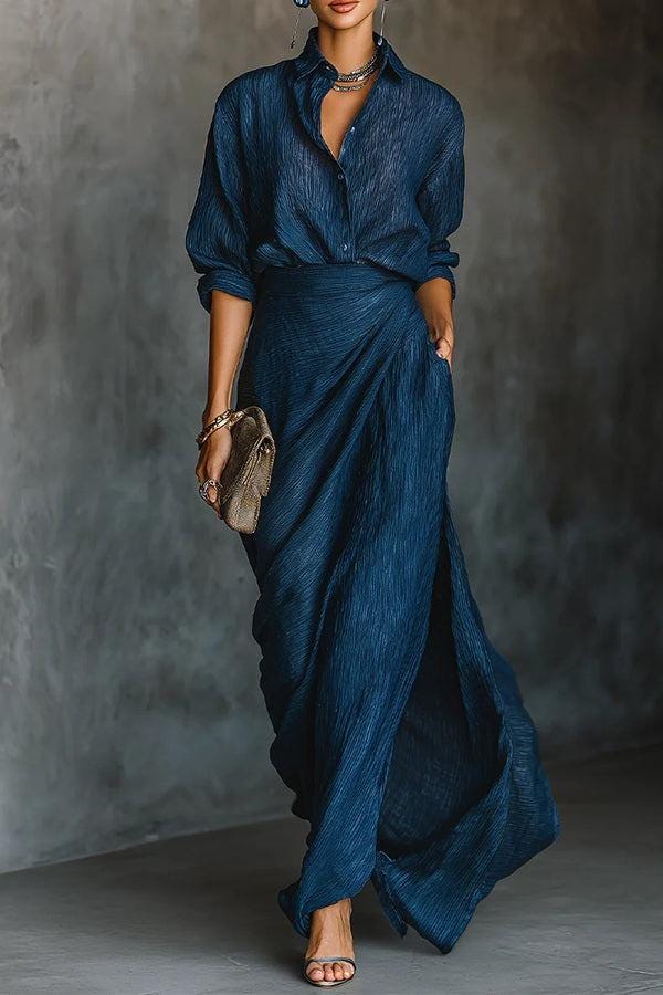 Teal Wrap Maxi Skirt Set Women Elegant Flowy Outfit Boho Minimalist Style