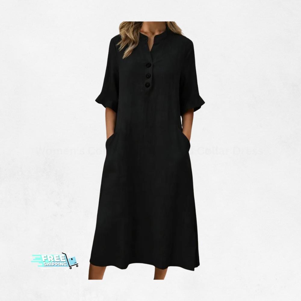 Women's Cotton Linen Stand Collar Dress | Short Sleeve Casual Summer Pocket Dress