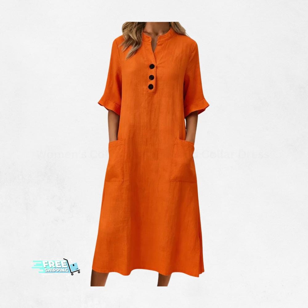 Women's Cotton Linen Stand Collar Dress | Short Sleeve Casual Summer Pocket Dress
