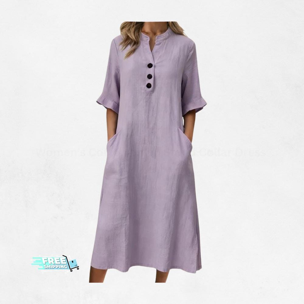 Women's Cotton Linen Stand Collar Dress | Short Sleeve Casual Summer Pocket Dress