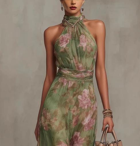 Elegant Women Halter Maxi Dress Floral Flowing Evening Dress