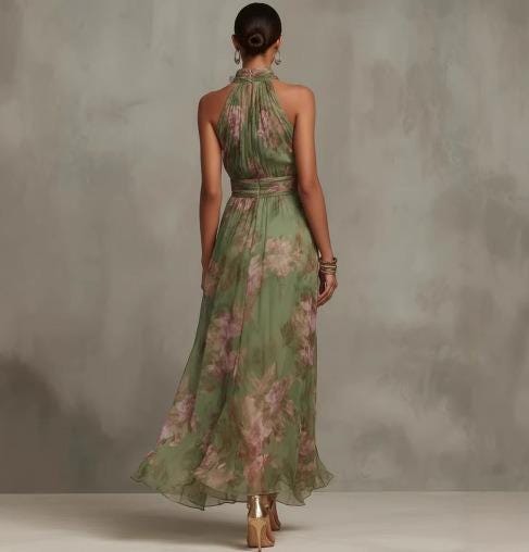 Elegant Women Halter Maxi Dress Floral Flowing Evening Dress