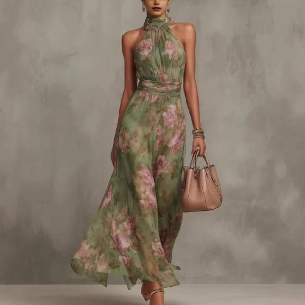 Elegant Women Halter Maxi Dress Floral Flowing Evening Dress