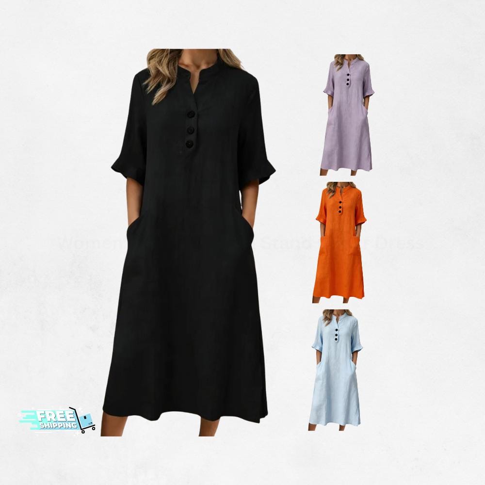 Women's Cotton Linen Stand Collar Dress | Short Sleeve Casual Summer Pocket Dress