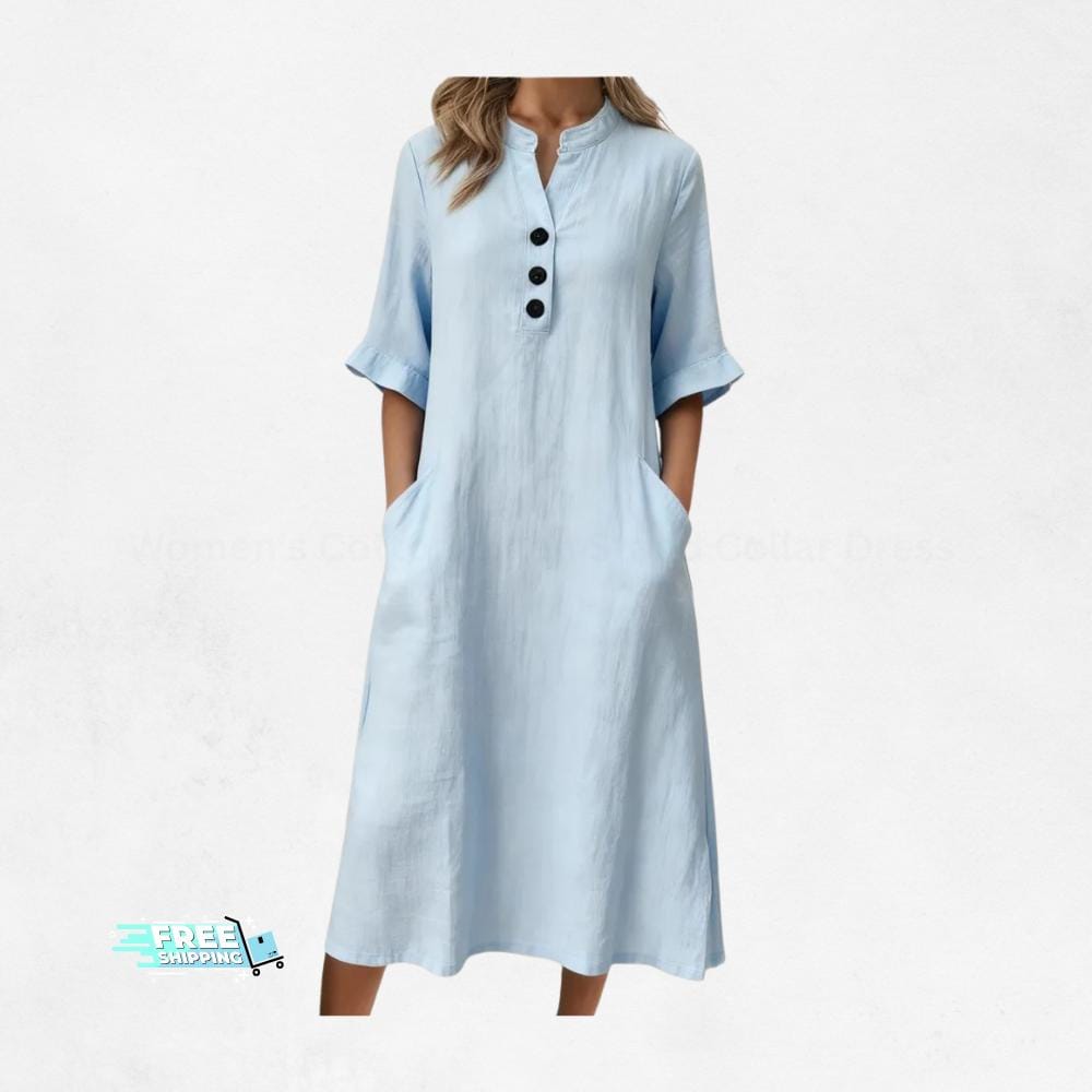 Women's Cotton Linen Stand Collar Dress | Short Sleeve Casual Summer Pocket Dress