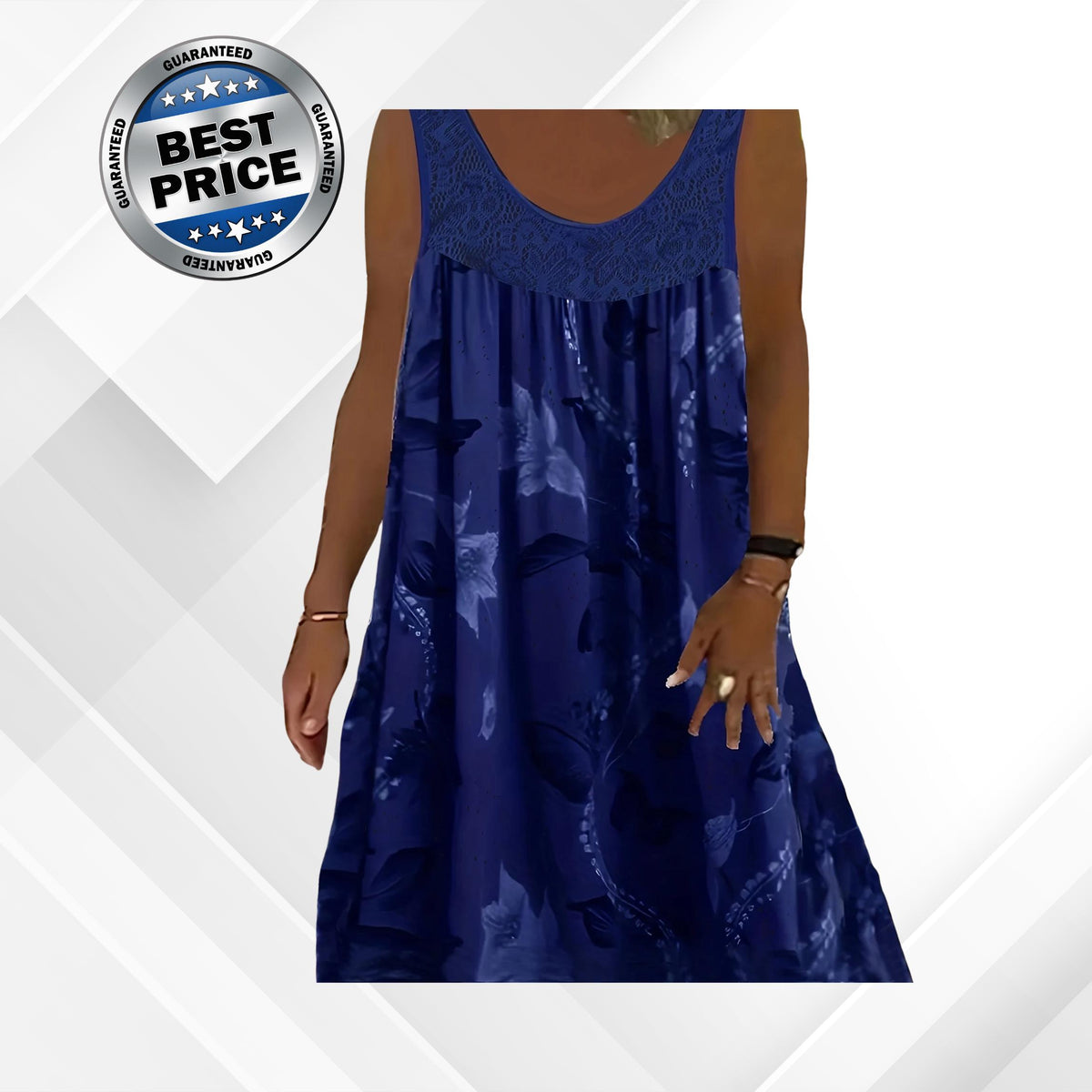 Plus Size Women's Lace Panel Floral Print Sleeveless Tank Dress - Casual Beach Dress for Summer