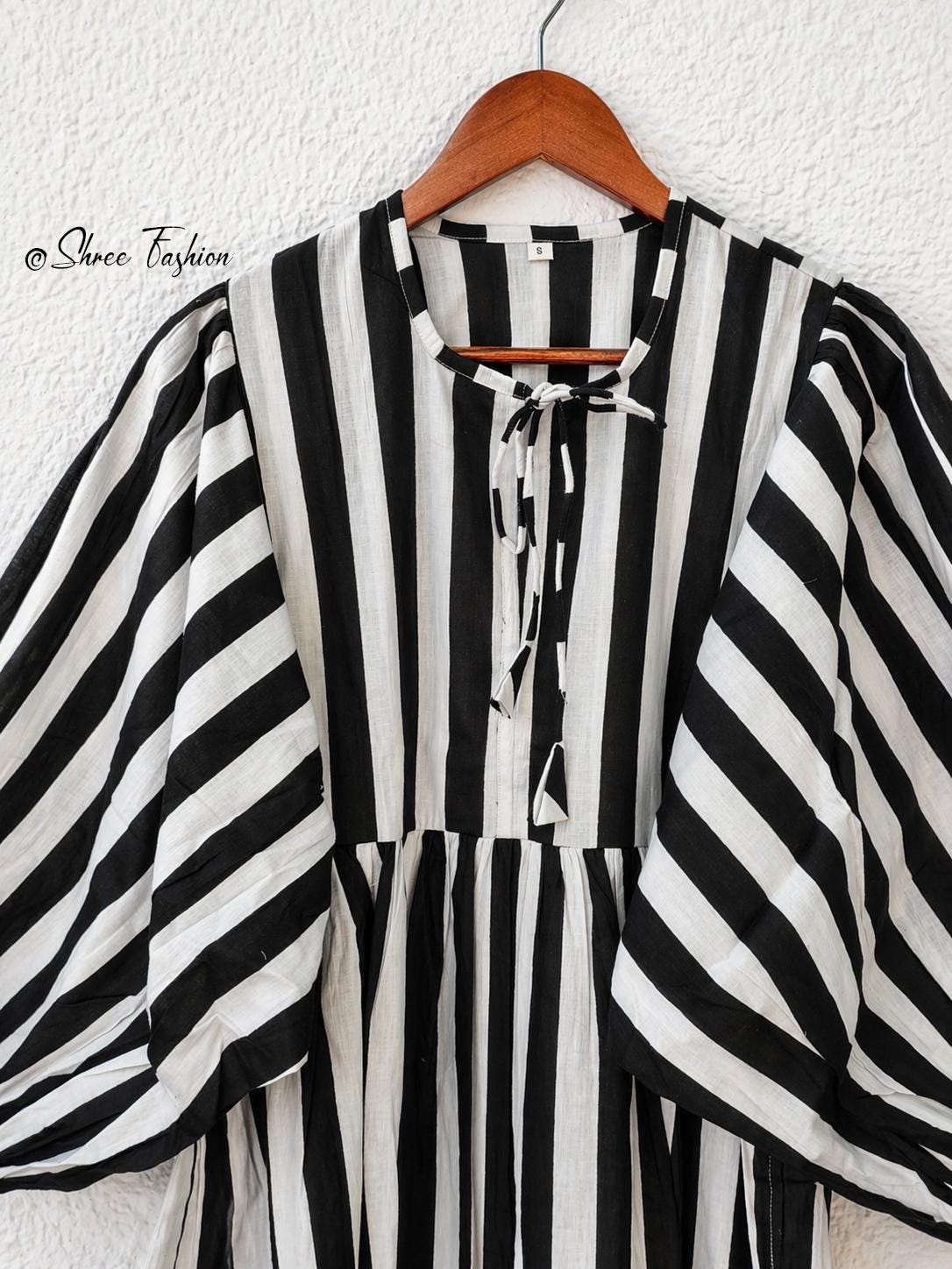 Black White Striped Midi Dress for Women | Puff Sleeve Cotton Dress | Casual Summer Dress | Boho Midi Dress | Loose Fit Dress