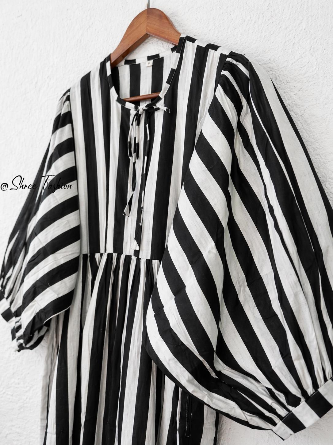 Black White Striped Midi Dress for Women | Puff Sleeve Cotton Dress | Casual Summer Dress | Boho Midi Dress | Loose Fit Dress