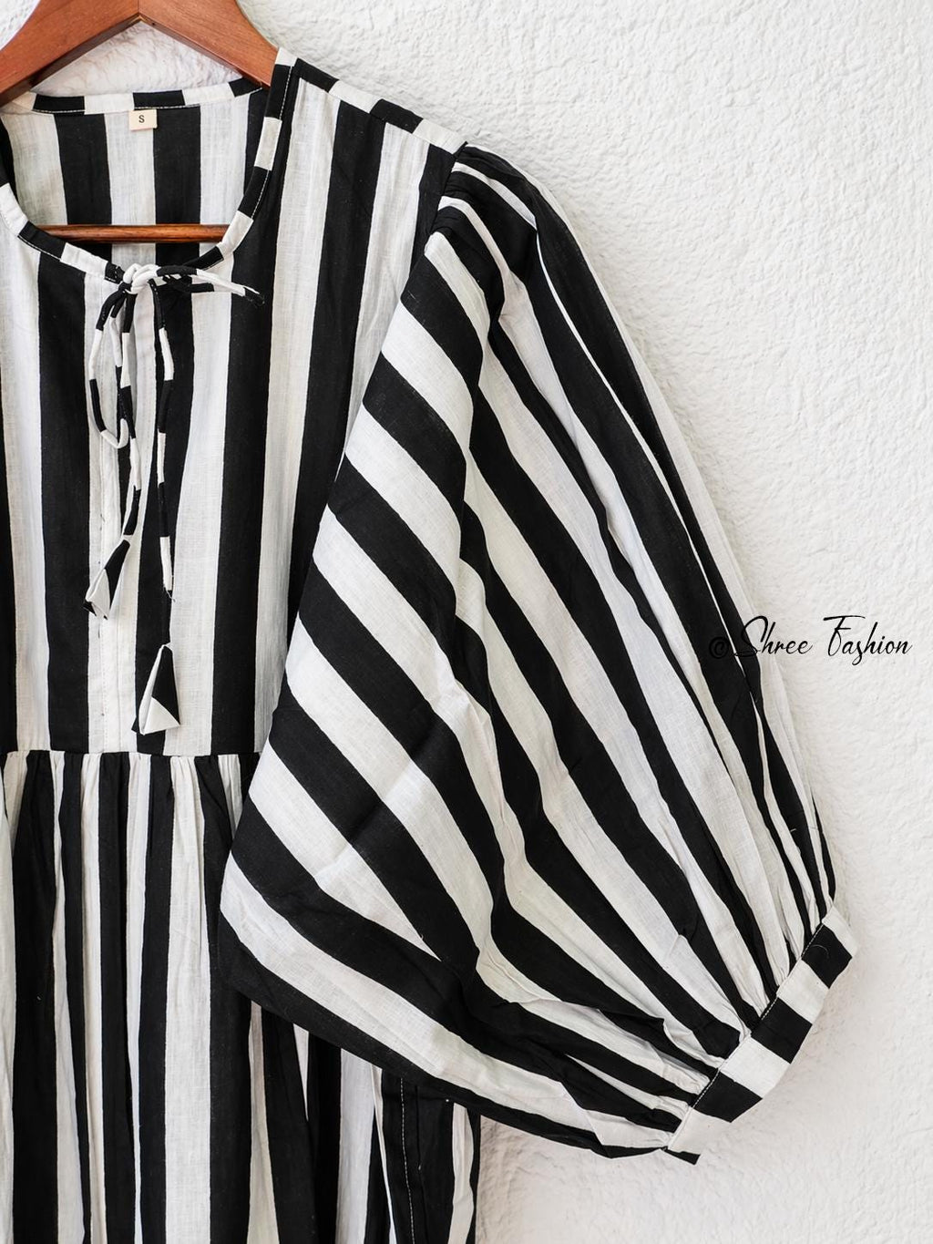 Black White Striped Midi Dress for Women | Puff Sleeve Cotton Dress | Casual Summer Dress | Boho Midi Dress | Loose Fit Dress