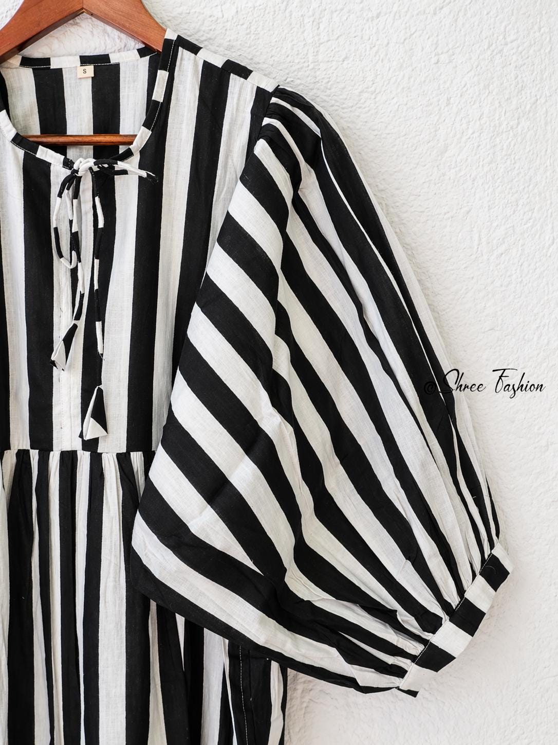 Black White Striped Midi Dress for Women | Puff Sleeve Cotton Dress | Casual Summer Dress | Boho Midi Dress | Loose Fit Dress