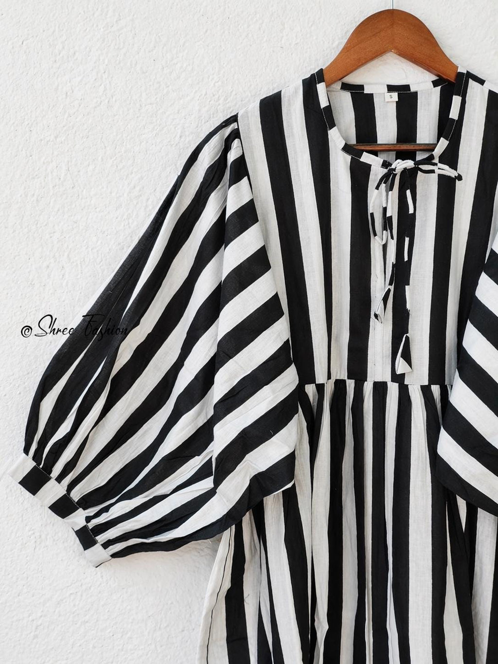 Black White Striped Midi Dress for Women | Puff Sleeve Cotton Dress | Casual Summer Dress | Boho Midi Dress | Loose Fit Dress
