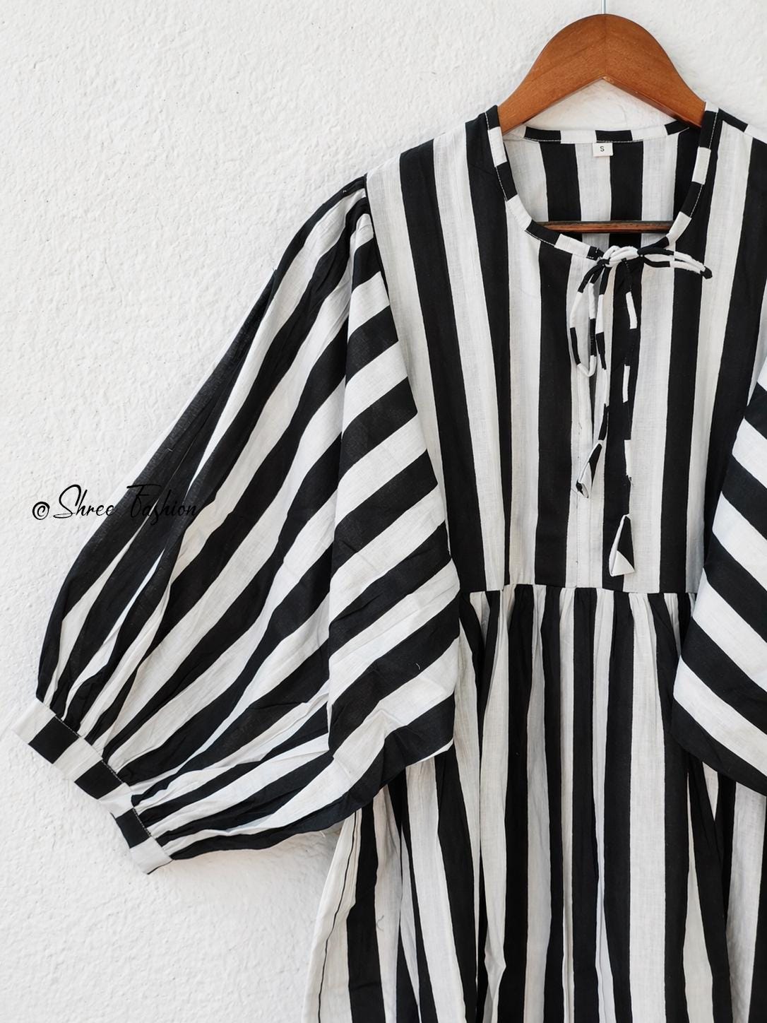 Black White Striped Midi Dress for Women | Puff Sleeve Cotton Dress | Casual Summer Dress | Boho Midi Dress | Loose Fit Dress
