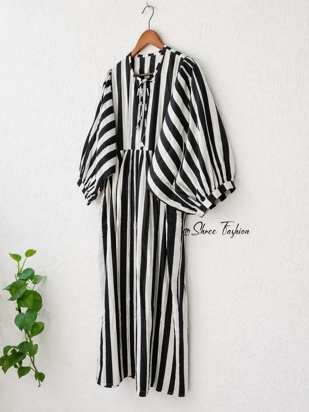 Black White Striped Midi Dress for Women | Puff Sleeve Cotton Dress | Casual Summer Dress | Boho Midi Dress | Loose Fit Dress