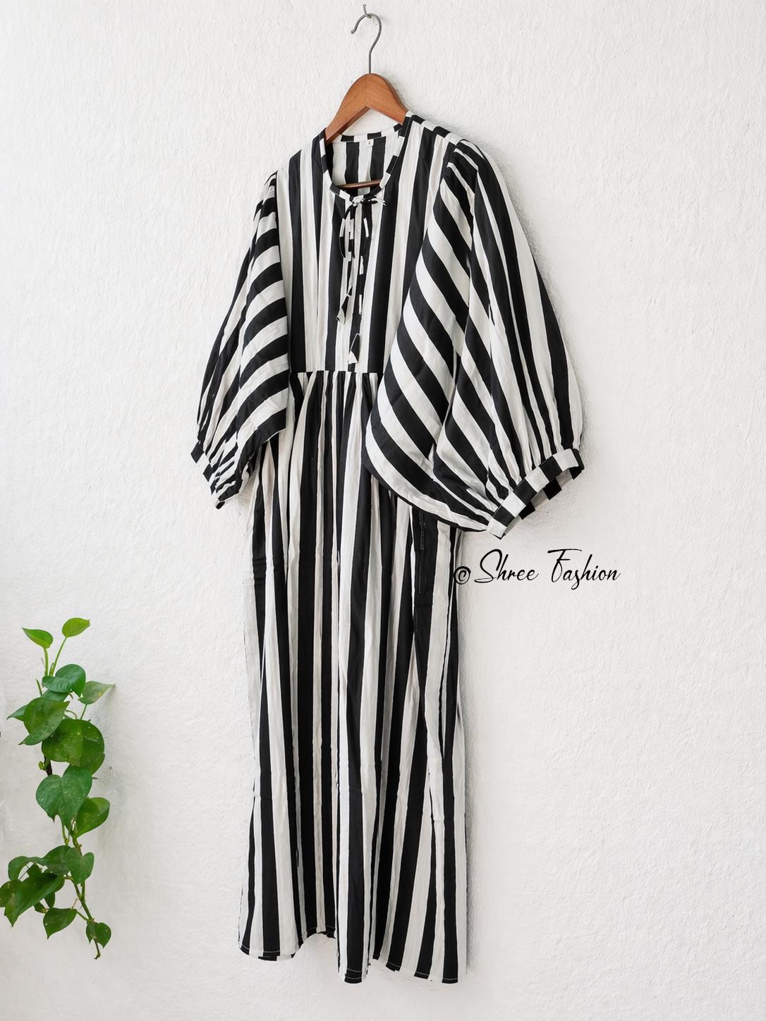 Black White Striped Midi Dress for Women | Puff Sleeve Cotton Dress | Casual Summer Dress | Boho Midi Dress | Loose Fit Dress