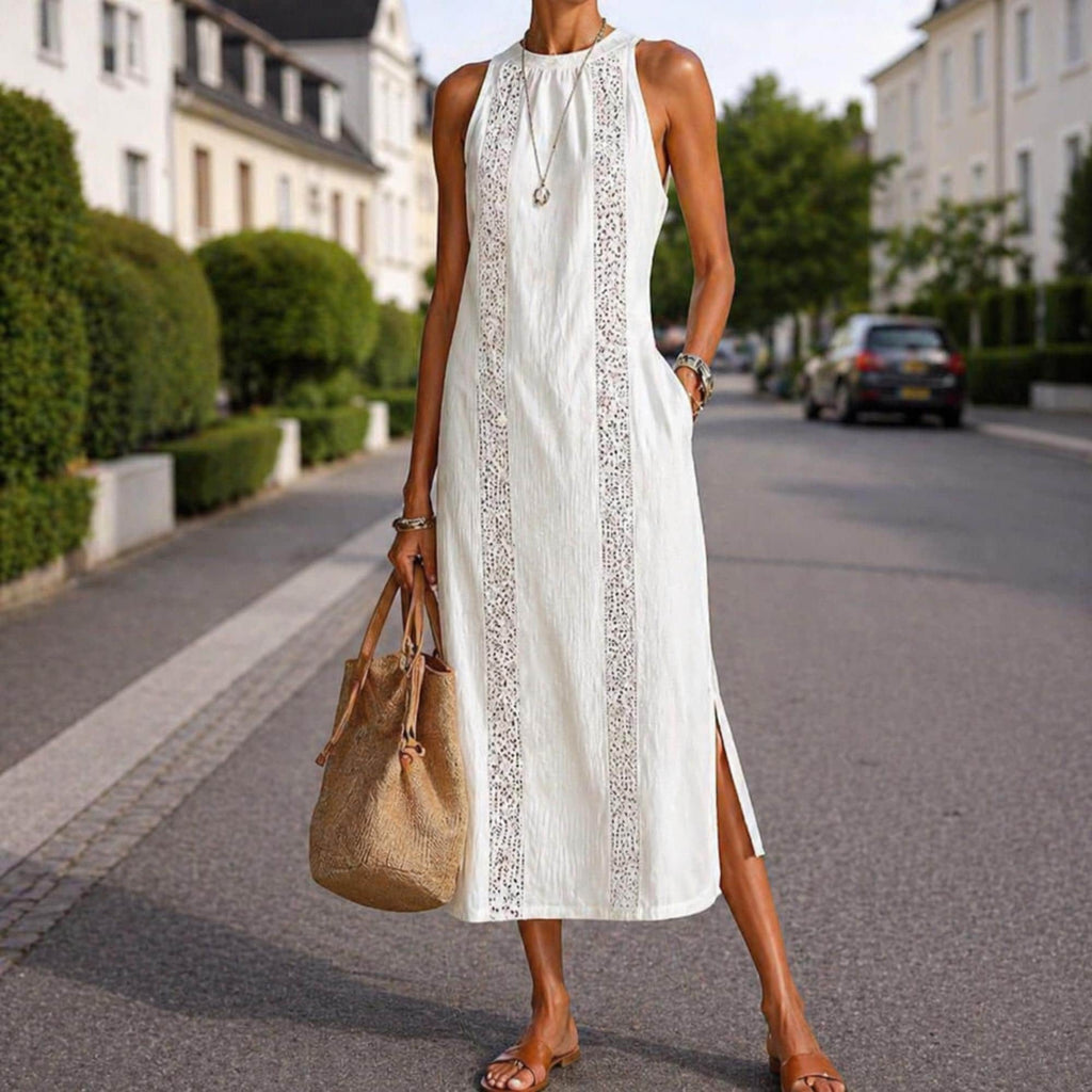 Women Cotton Linen Sleeveless Midi Dress Casual Summer Halter Neck Pocket Dress