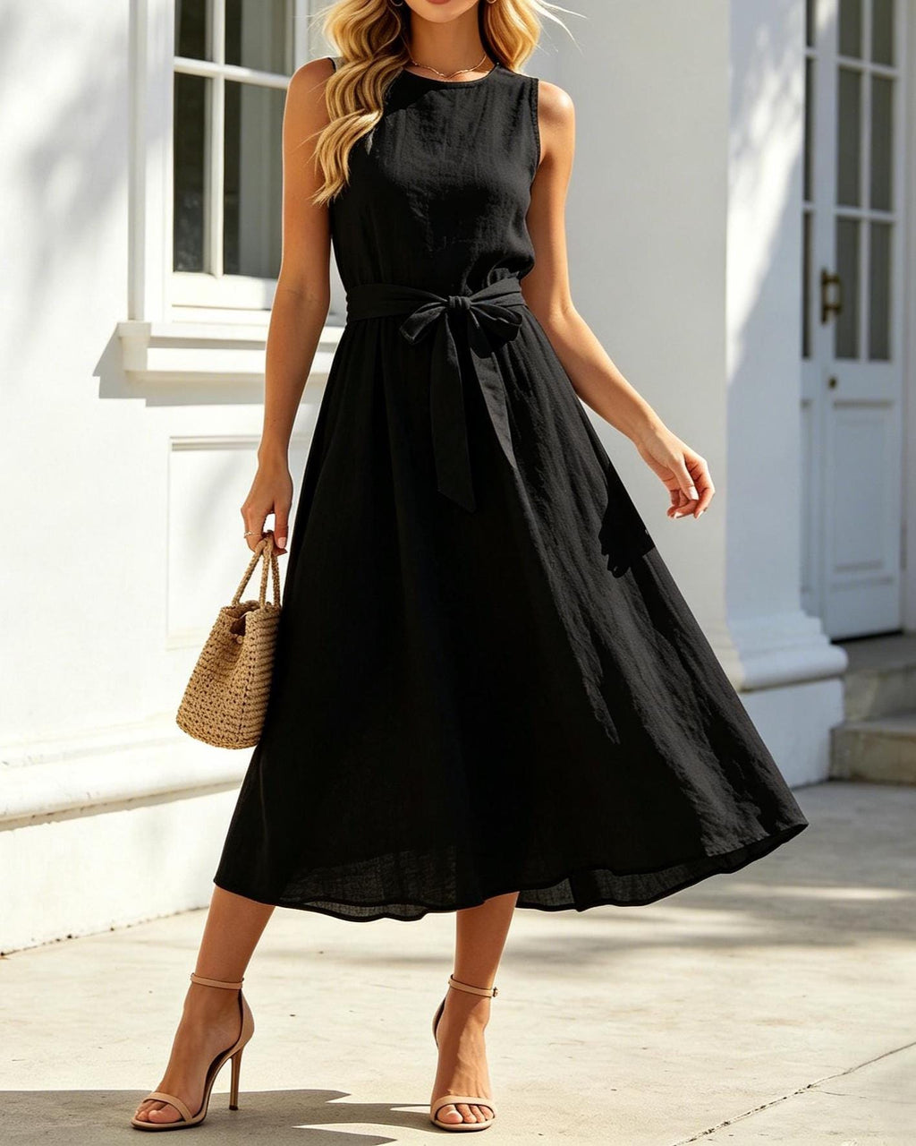 Solid Sleeveless Linen Midi Dress Round Neck Casual Summer Dress Breathable Lightweight Flowy Dress Everyday Wear