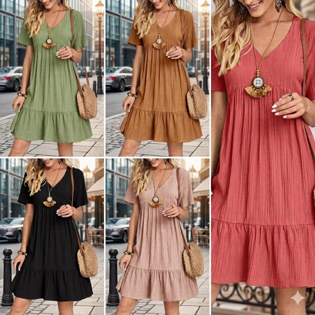 Women Summer Peplum Dresses Spring V-Neck Short Sleeve Loose Waist Ruffle Fit Flare Vocation Dresses, Outdoor Dress Beach Dress for Women