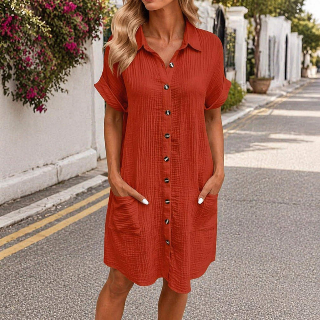 Women Button Down Shirt Dress |  | Short Sleeve Pocket Dress | Minimalist Everyday Outfit