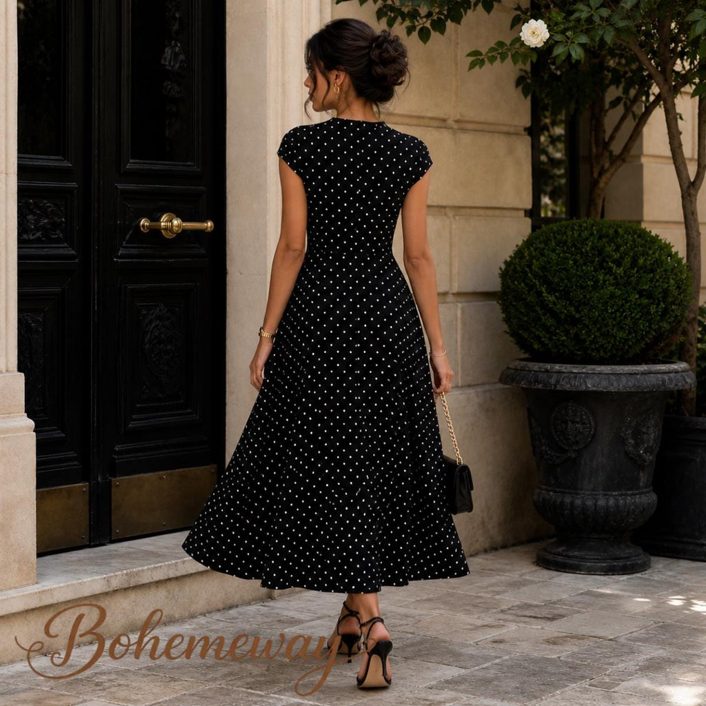 Polka Dot Maxi Dress Women – Elegant Vintage Parisian Chic Dress – White Black Brown Summer Dress – Tea Party Wedding Guest Outfit