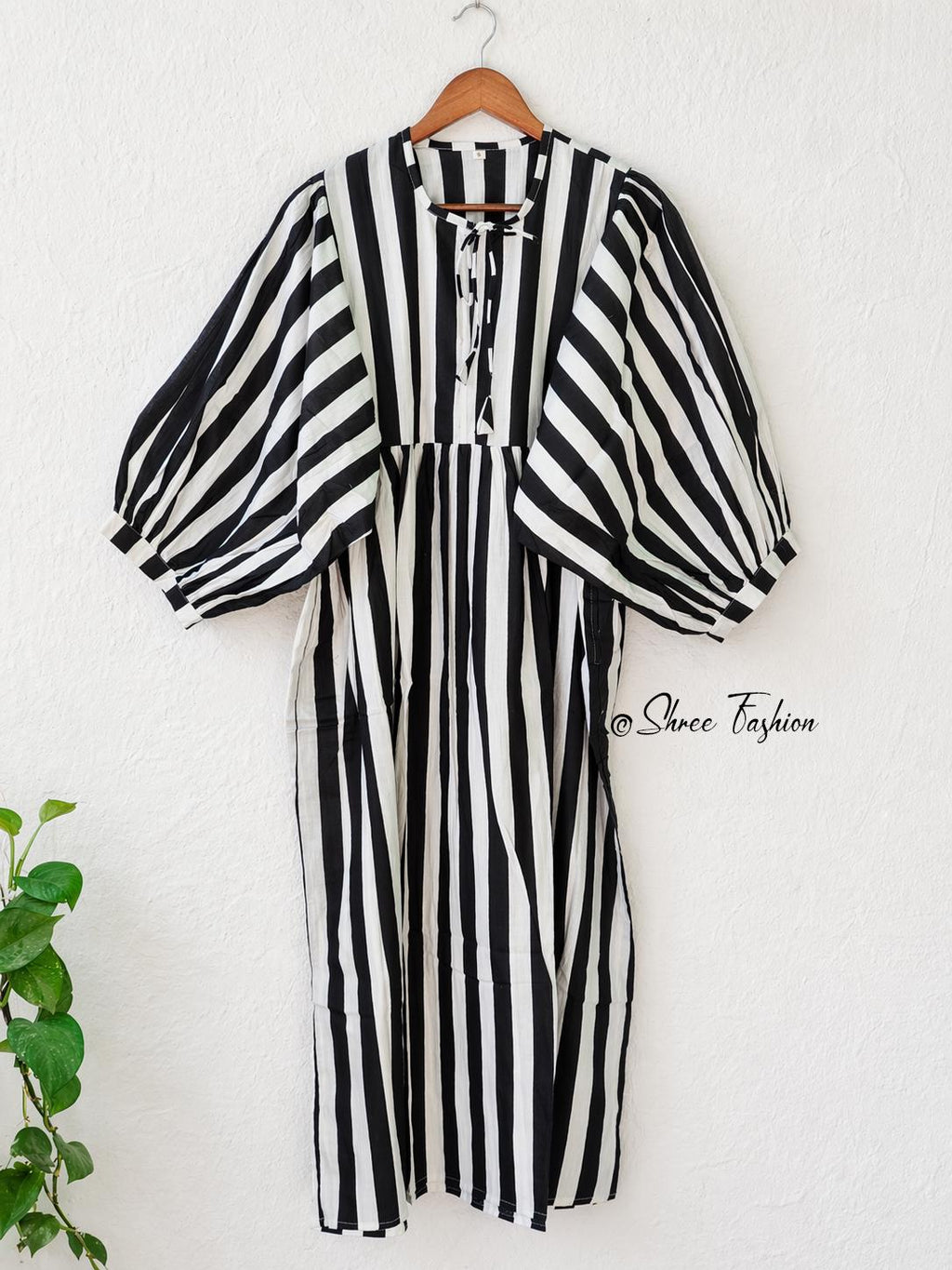 Black White Striped Midi Dress for Women | Puff Sleeve Cotton Dress | Casual Summer Dress | Boho Midi Dress | Loose Fit Dress