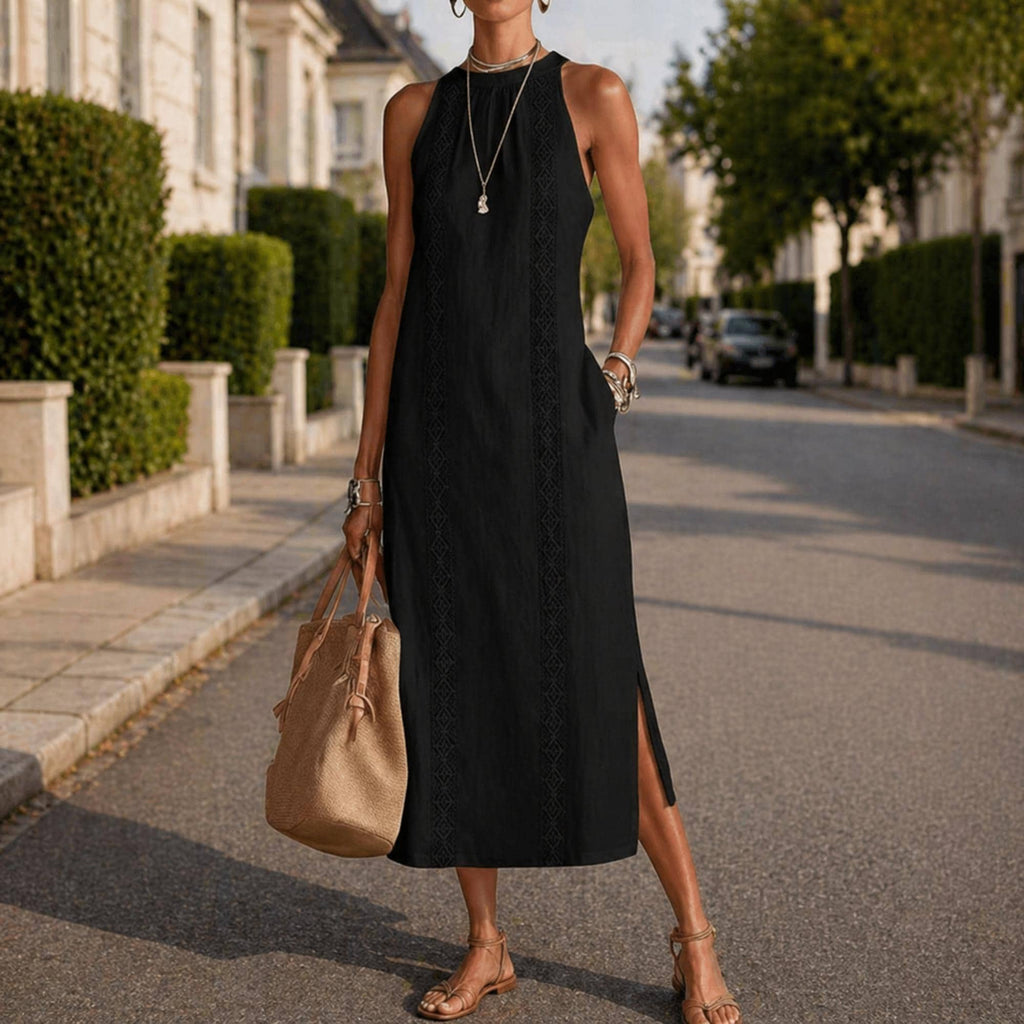 Women Cotton Linen Sleeveless Midi Dress Casual Summer Halter Neck Pocket Dress