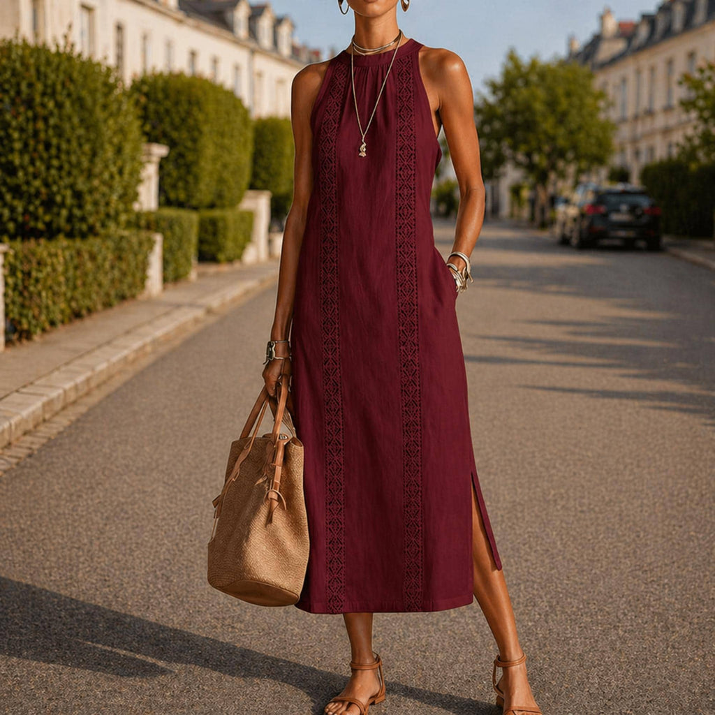 Women Cotton Linen Sleeveless Midi Dress Casual Summer Halter Neck Pocket Dress