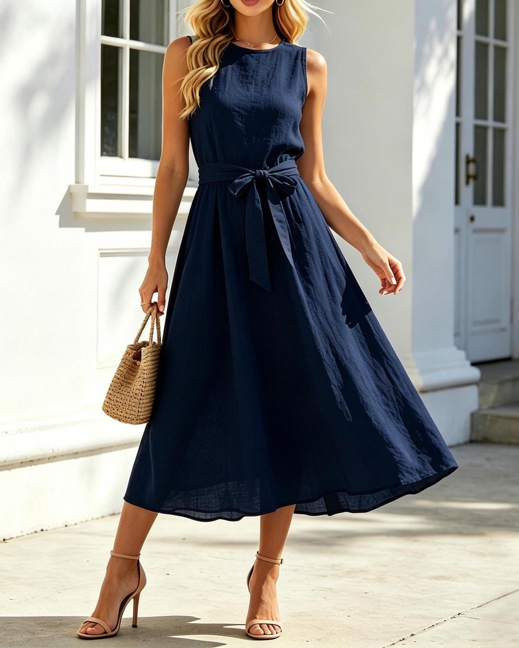 Solid Sleeveless Linen Midi Dress Round Neck Casual Summer Dress Breathable Lightweight Flowy Dress Everyday Wear