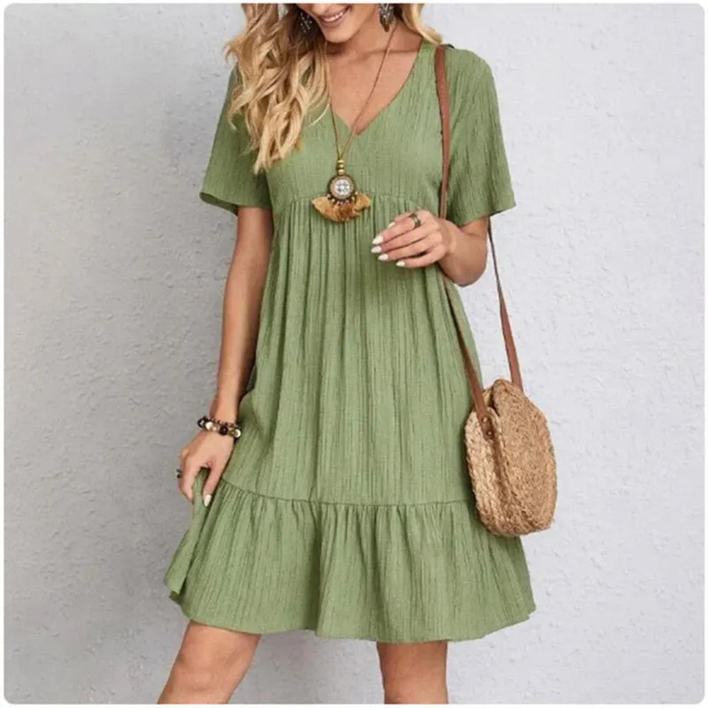 Women Summer Peplum Dresses Spring V-Neck Short Sleeve Loose Waist Ruffle Fit Flare Vocation Dresses, Outdoor Dress Beach Dress for Women