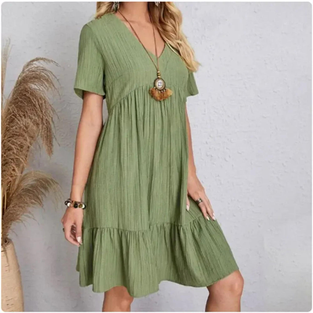 Women Summer Peplum Dresses Spring V-Neck Short Sleeve Loose Waist Ruffle Fit Flare Vocation Dresses, Outdoor Dress Beach Dress for Women