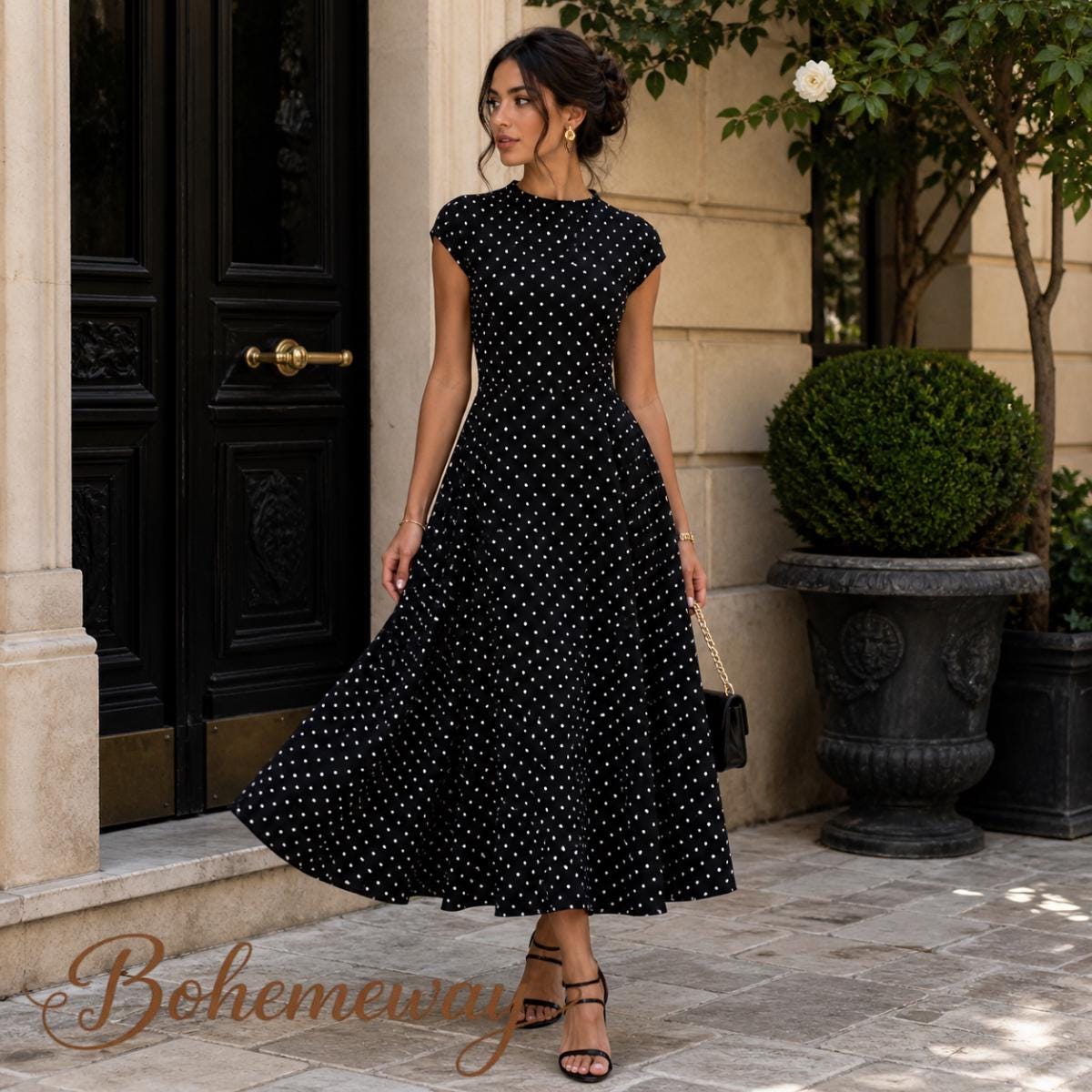 Polka Dot Maxi Dress Women – Elegant Vintage Parisian Chic Dress – White Black Brown Summer Dress – Tea Party Wedding Guest Outfit