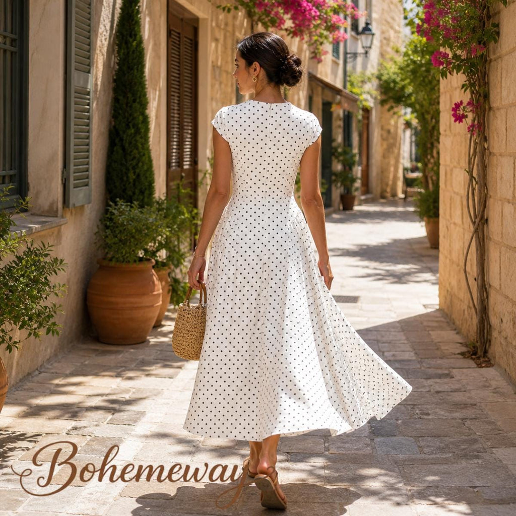 Polka Dot Maxi Dress Women – Elegant Vintage Parisian Chic Dress – White Black Brown Summer Dress – Tea Party Wedding Guest Outfit