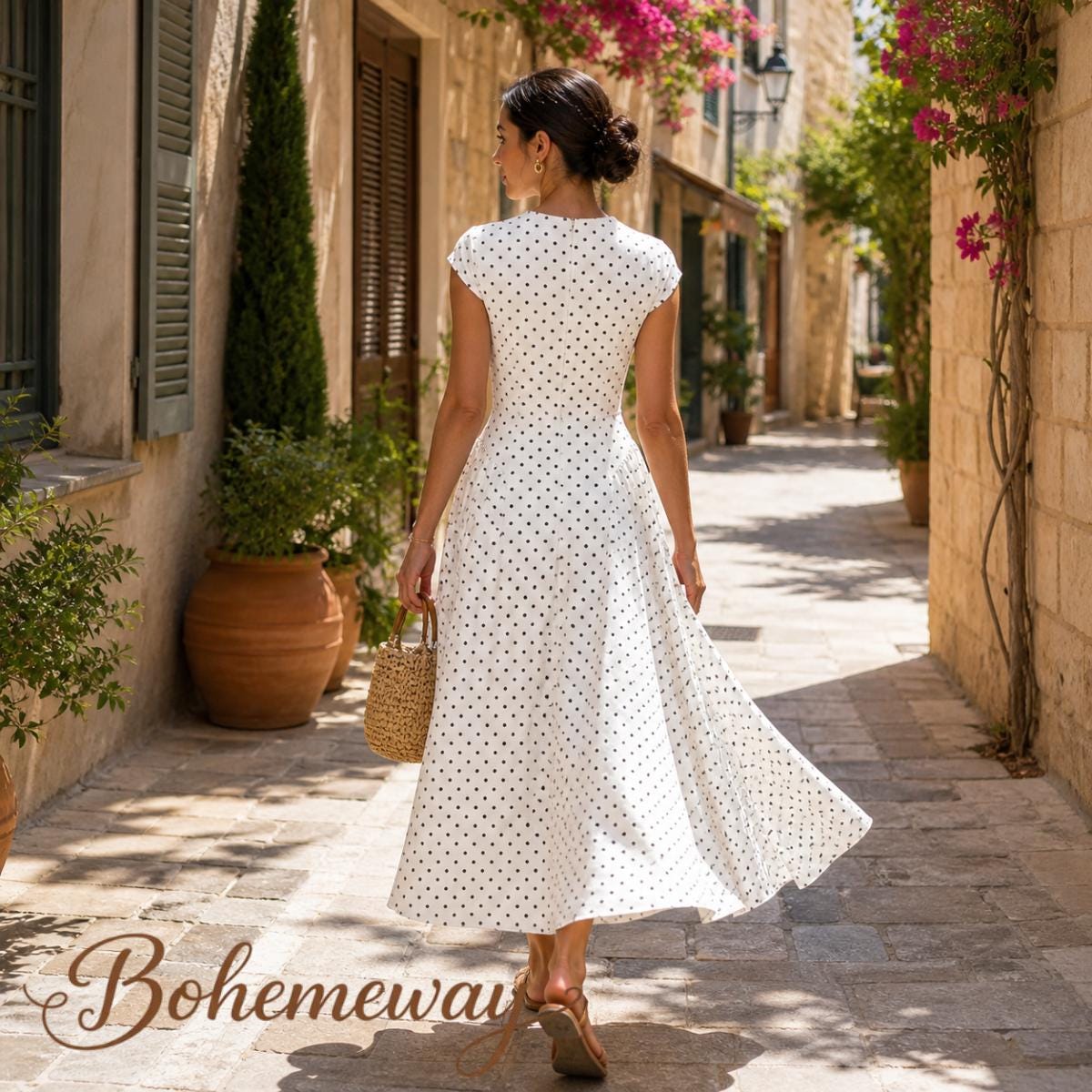 Polka Dot Maxi Dress Women – Elegant Vintage Parisian Chic Dress – White Black Brown Summer Dress – Tea Party Wedding Guest Outfit