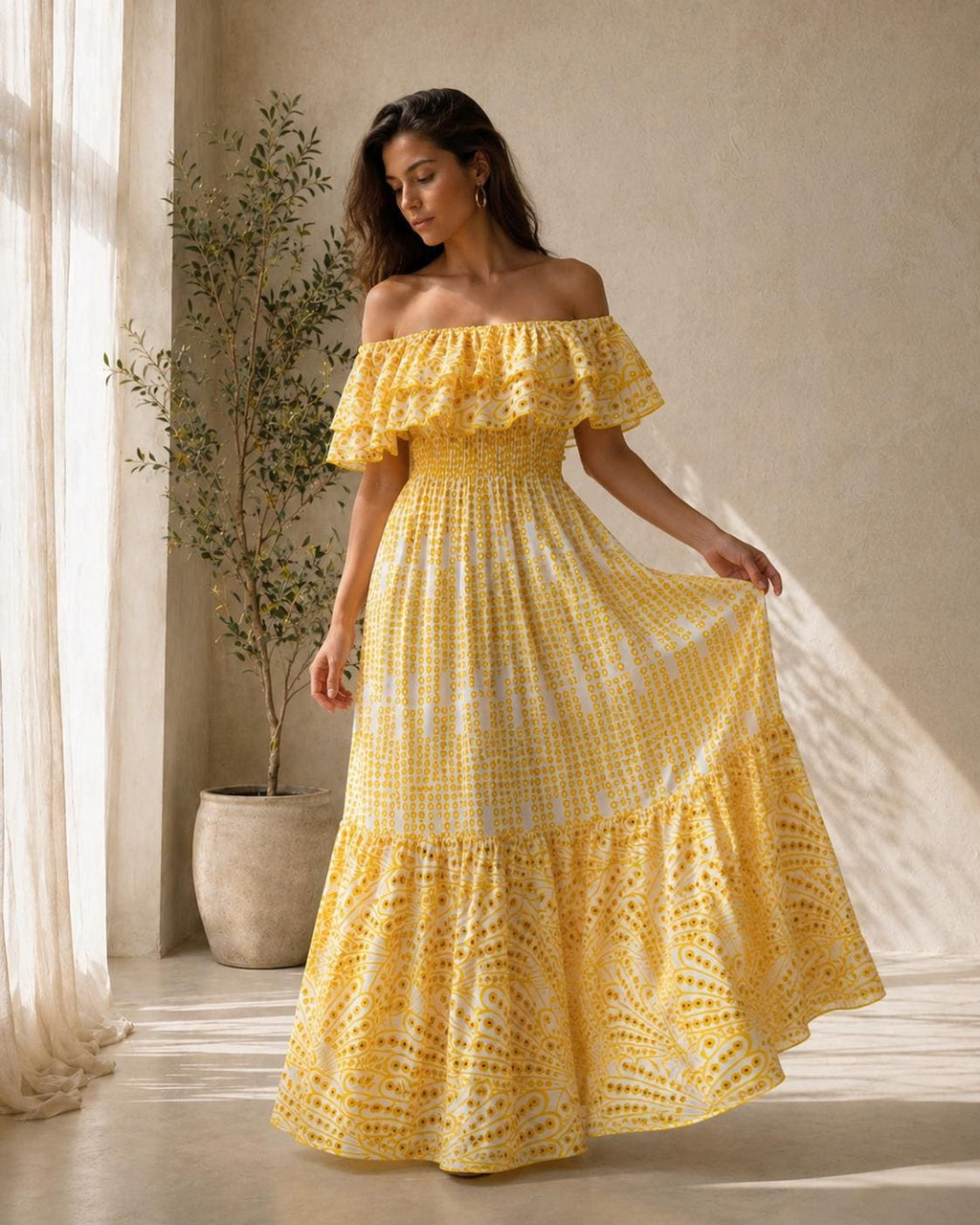 Boho Off Shoulder Maxi Dress Women, Eyelet Summer Beach Dress, Ruffle Vacation Sundress, White Yellow Dress