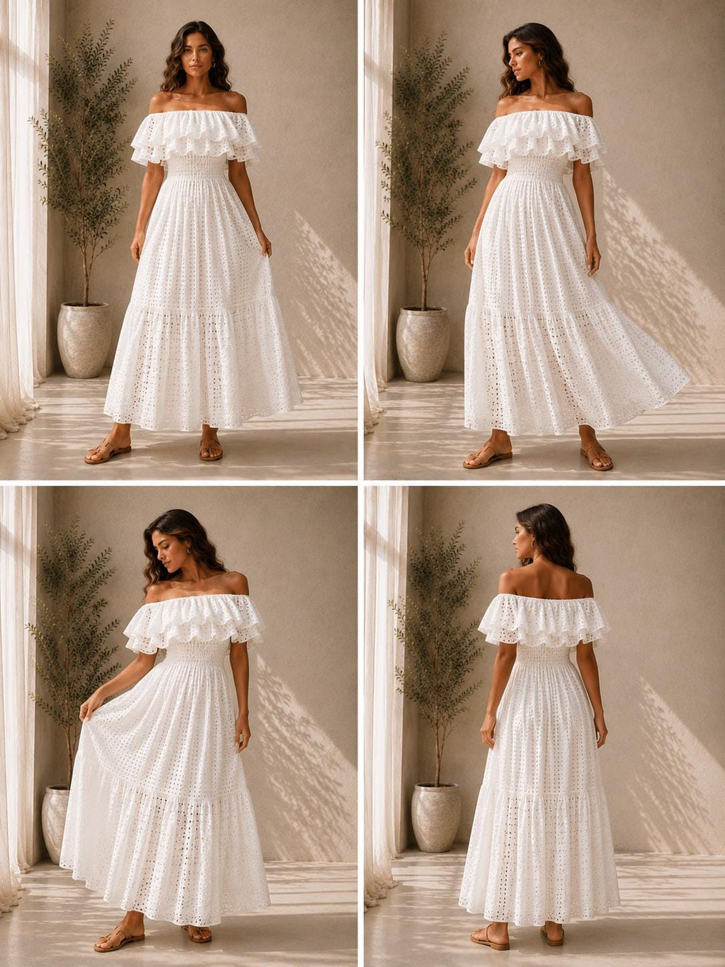 Boho Off Shoulder Maxi Dress Women, Eyelet Summer Beach Dress, Ruffle Vacation Sundress, White Yellow Dress