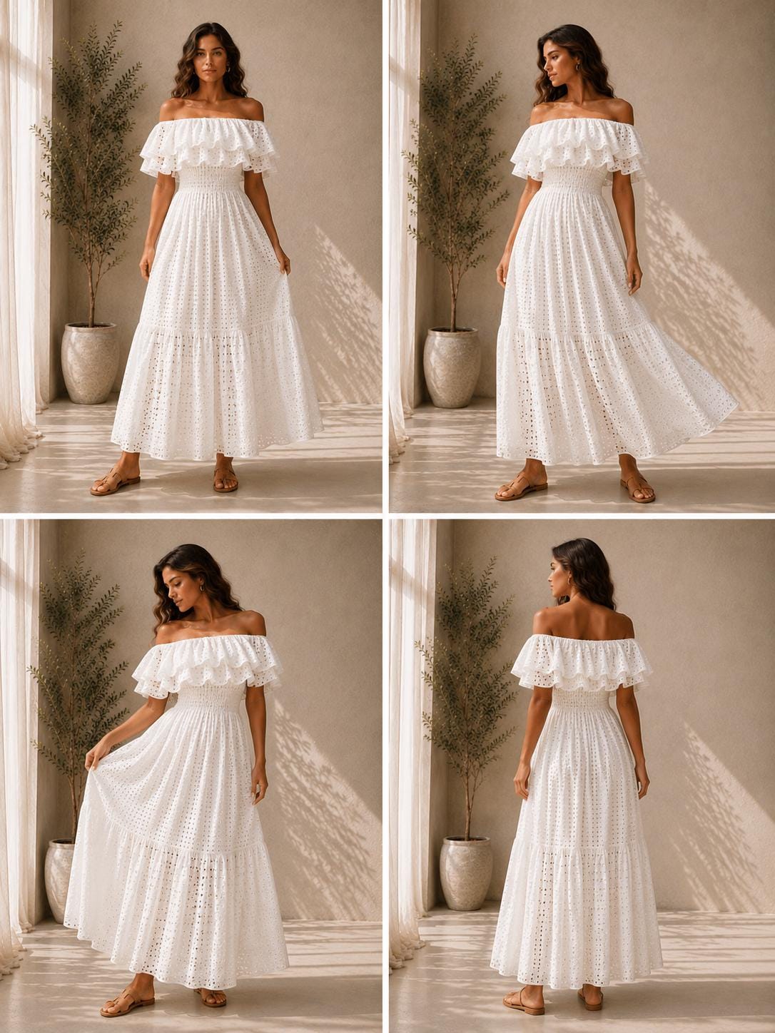 Boho Off Shoulder Maxi Dress Women, Eyelet Summer Beach Dress, Ruffle Vacation Sundress, White Yellow Dress