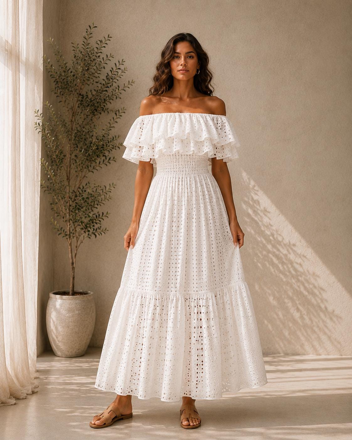 Boho Off Shoulder Maxi Dress Women, Eyelet Summer Beach Dress, Ruffle Vacation Sundress, White Yellow Dress