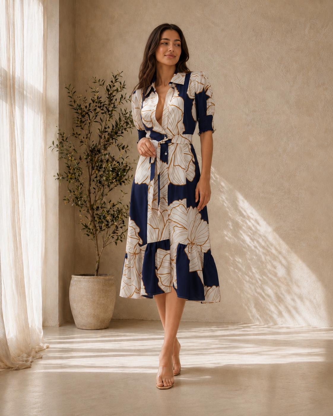 Blue Floral Midi Dress for Women, Button Up Summer Dress, Elegant Vacation Dress, Puff Sleeve Shirt Dress