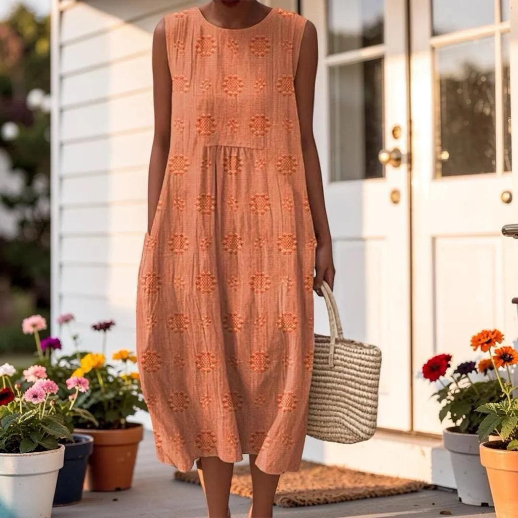 Floral Boho Plus Size Sleeveless Midi Dress, Women's Loose Fit Summer Dress