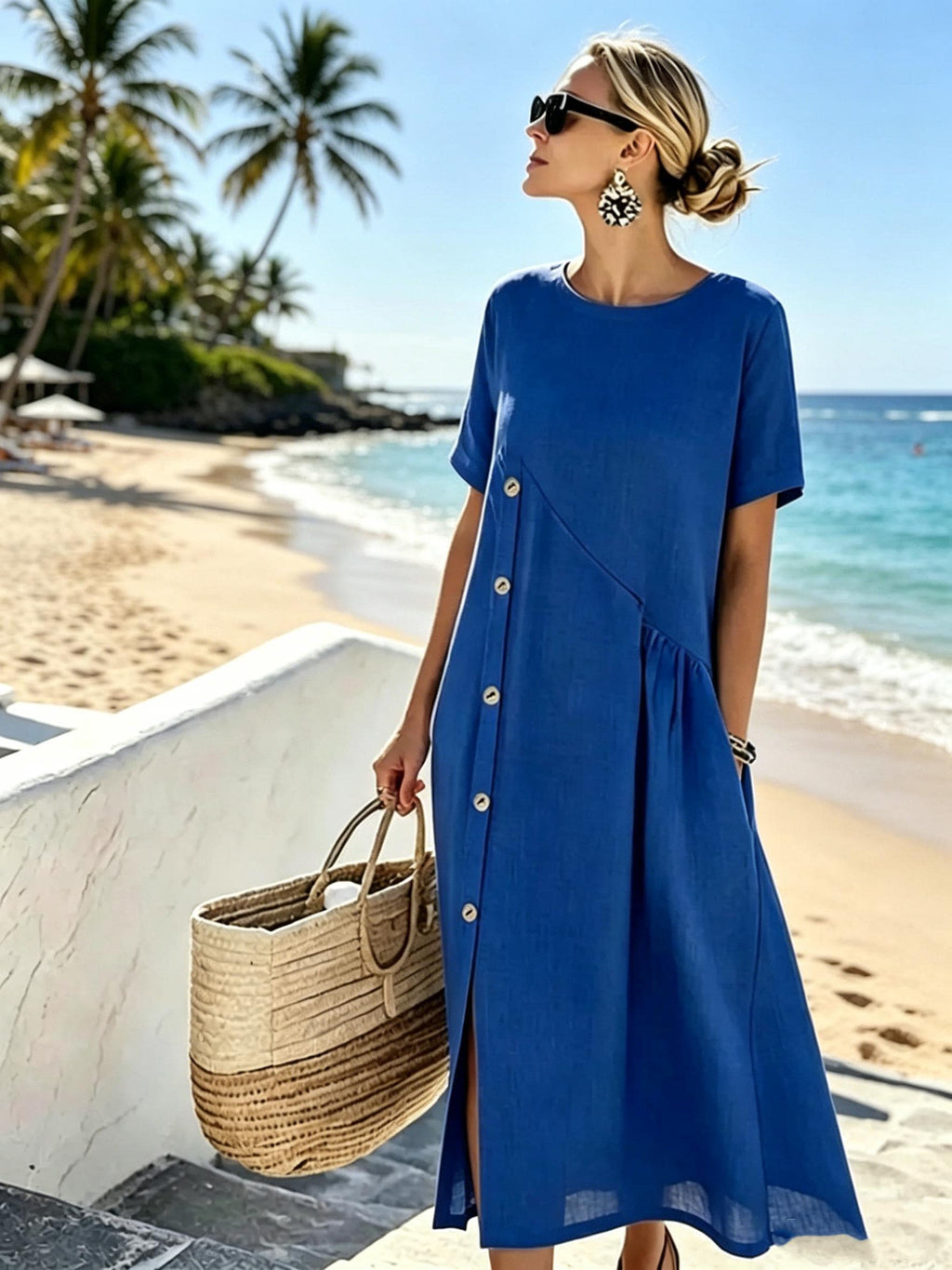 Women Cotton Linen Button Dress – Loose Fit Summer Midi Dress – Handmade Natural Fabric Dress