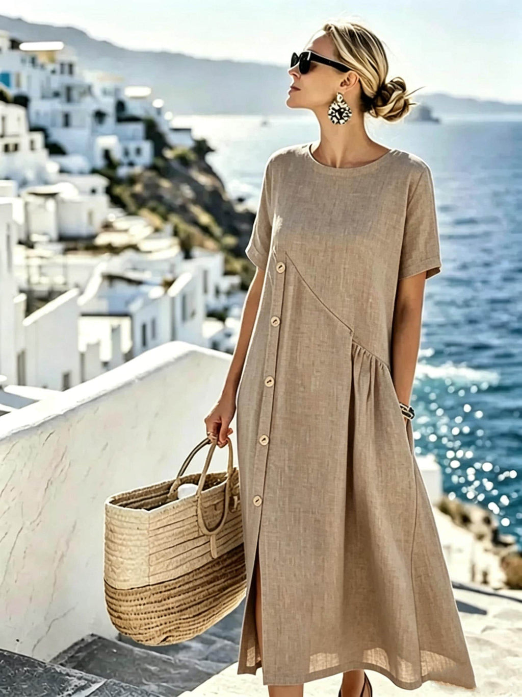Women Cotton Linen Button Dress – Loose Fit Summer Midi Dress – Handmade Natural Fabric Dress