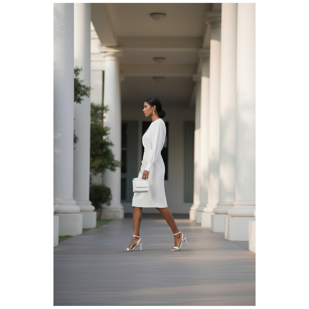 Elegant Floral Ruched Bodycon Midi Dress, Chic Wedding Guest Outfit