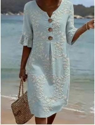 Boho Beach Midi Dress for Women, Embroidered Summer Vacation Outfit