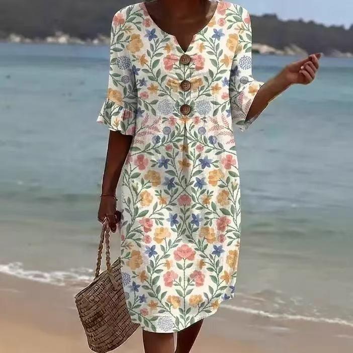 Boho Beach Midi Dress for Women, Embroidered Summer Vacation Outfit