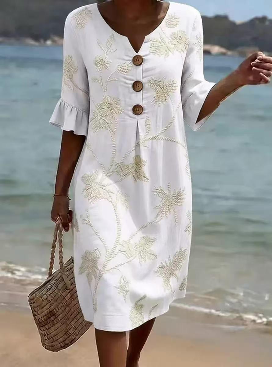 Boho Beach Midi Dress for Women, Embroidered Summer Vacation Outfit