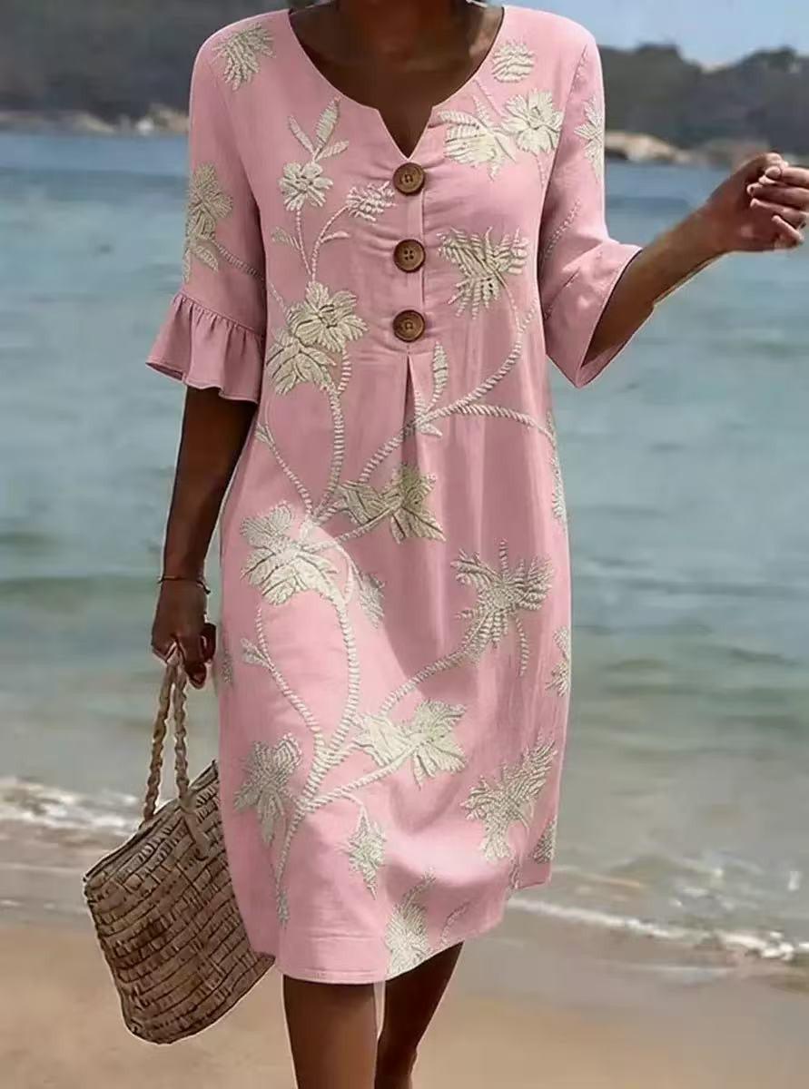 Boho Beach Midi Dress for Women, Embroidered Summer Vacation Outfit