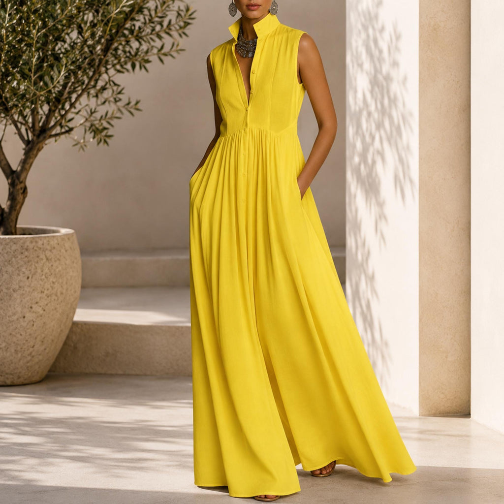 Elegant Sleeveless Maxi Dress With Pockets Flowy Summer Casual Fashion Outfit For Stylish Women