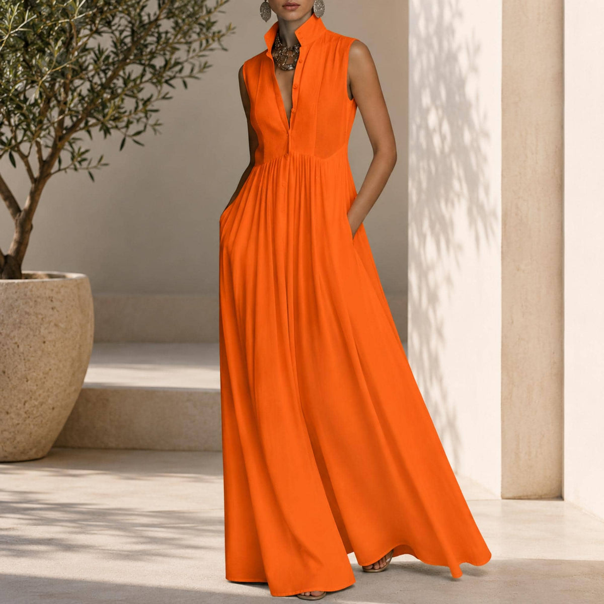 Elegant Sleeveless Maxi Dress With Pockets Flowy Summer Casual Fashion Outfit For Stylish Women
