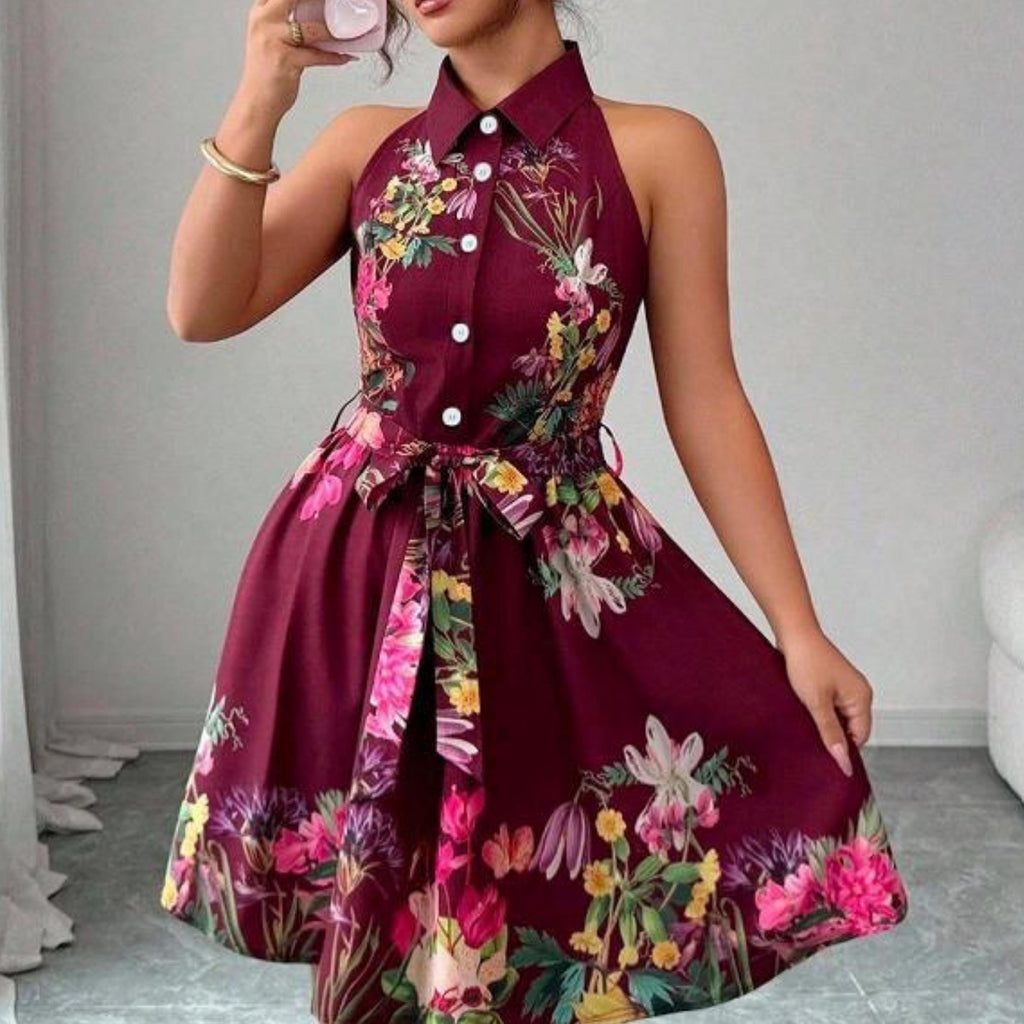 Floral Mini Dress | Sleeveless Halter Waist Tie | Party Wear | Chic Summer Style