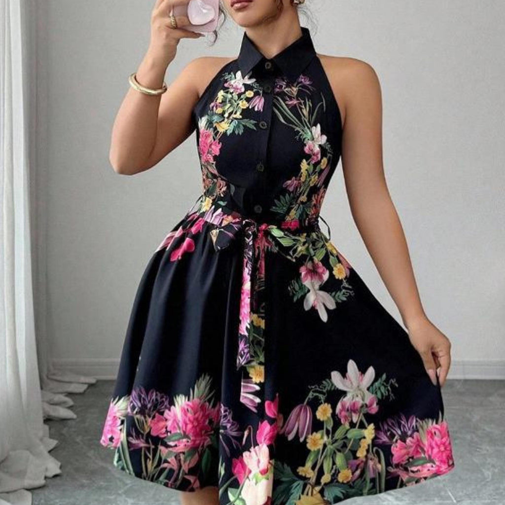 Floral Mini Dress | Sleeveless Halter Waist Tie | Party Wear | Chic Summer Style