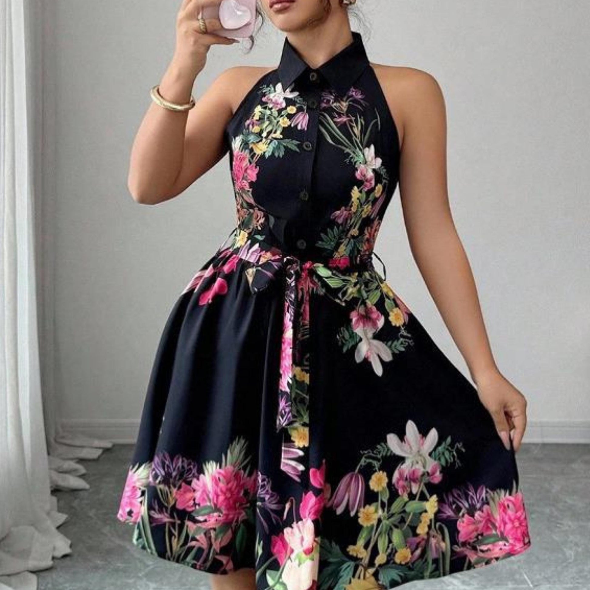 Floral Mini Dress | Sleeveless Halter Waist Tie | Party Wear | Chic Summer Style
